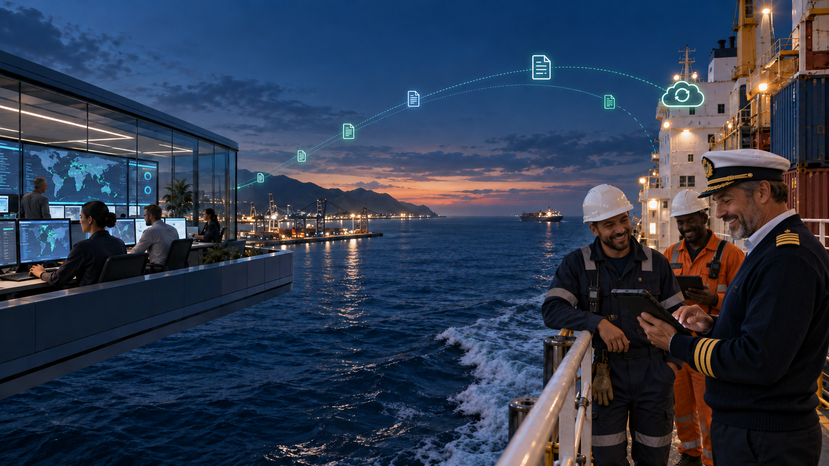 FormFleet ship-to-shore operations with a smiling captain and crew using digital checklists